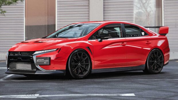 A red Mitsubishi Lancer Evo X is parked with a sleek modern design, HD Desktop Wallpaper