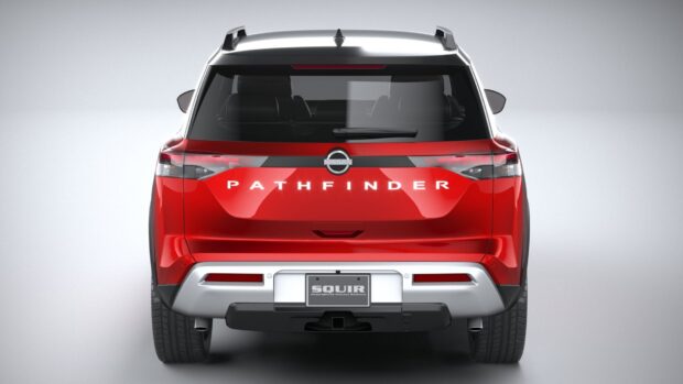A red Nissan Pathfinder shows its rear with distinct lighting and branding, HD Desktop Wallpaper
