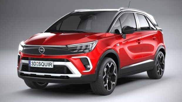 A red Opel Crossland car is displayed clearly with modern headlights and black rims, HD Desktop Wallpaper