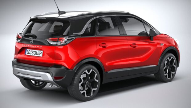 A red Opel Crossland car is shown from the rear side with detailed tires and lights, HD Desktop Wallpaper