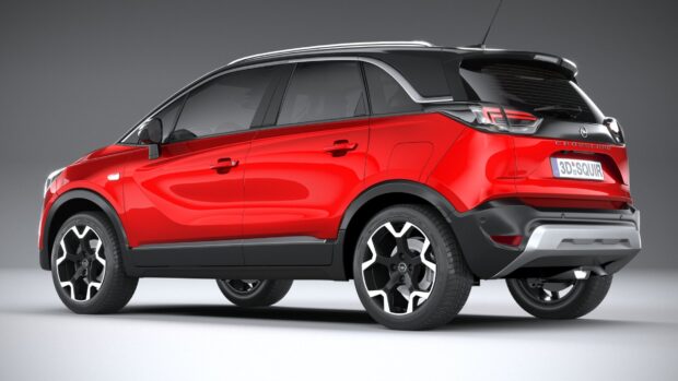 This image shows a red and black Opel Crossland car captured from a side angle with detailed wheels, HD Desktop Wallpaper