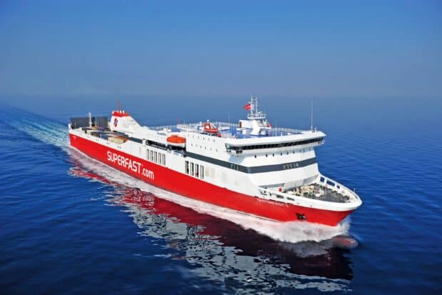 A red and white ferry is sailing smoothly on the calm blue ocean carrying cargo, 2K Desktop Wallpaper