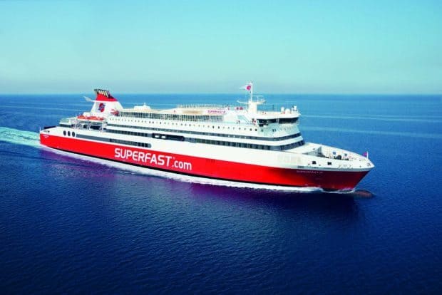 A red and white ferry sails smoothly on a calm blue sea under clear skies, HD Desktop Wallpaper