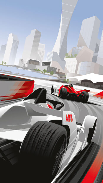 Two race cars are speeding on a race track with modern city buildings in the background using race track wallpapers, 4K Phone Wallpaper