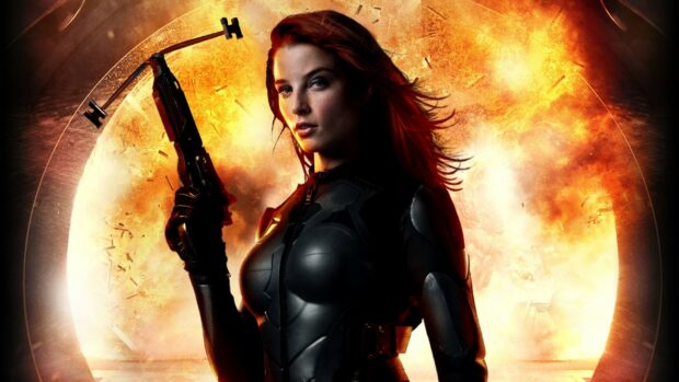 A red haired woman holds a large weapon with an explosion backdrop in the Gi Joe movie, HD Desktop Wallpaper