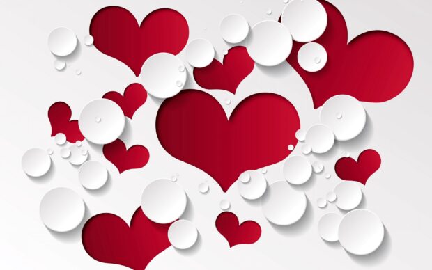 The red heart shapes are surrounded by various white circular elements on a light background, 2K Desktop Wallpaper