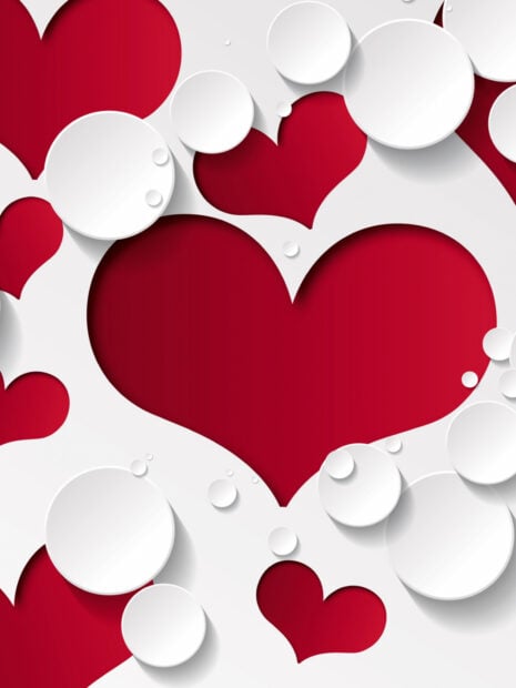 Red heart shapes with overlapping white paper cut circles in an abstract design, HD Mobile Wallpaper