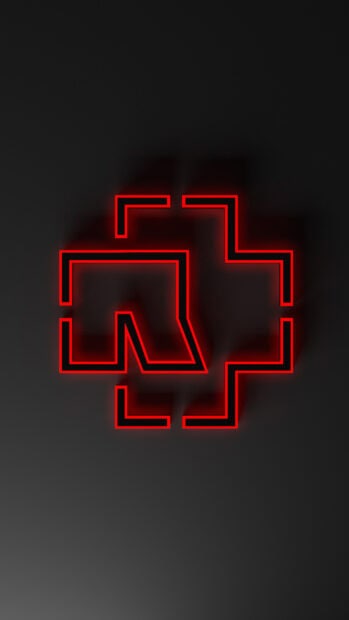 A red neon outline of the Rammstein logo glows against a dark gray background, 4K Mobile Wallpaper