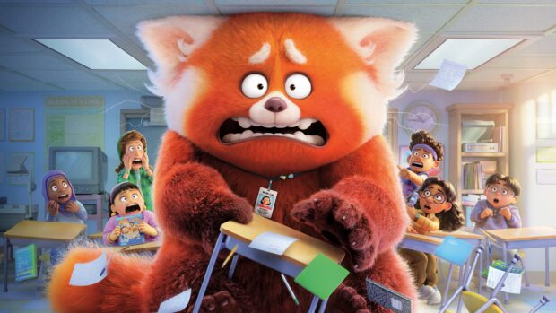 A red panda looks scared in a colorful classroom with shocked kids around in Pixar Wallpapers, 4K Desktop Wallpaper