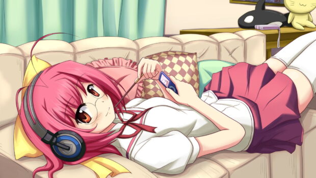 An anime girl from The World God Only Knows is lying on the sofa wearing headphones, HD Desktop Wallpaper