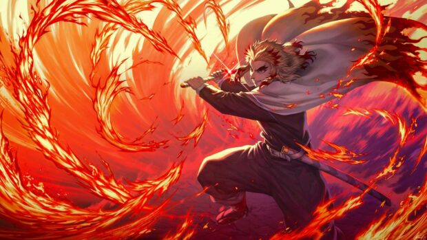 Rengoku unleashes a powerful flame attack with his sword in this Demon Slayer Kimetsu No Yaiba Wallpapers artwork, HD Desktop Wallpaper PC Wallpaper