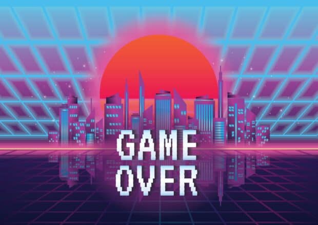 A vibrant digital cityscape with a red sun and game over text in pixel font, HD Desktop Wallpaper