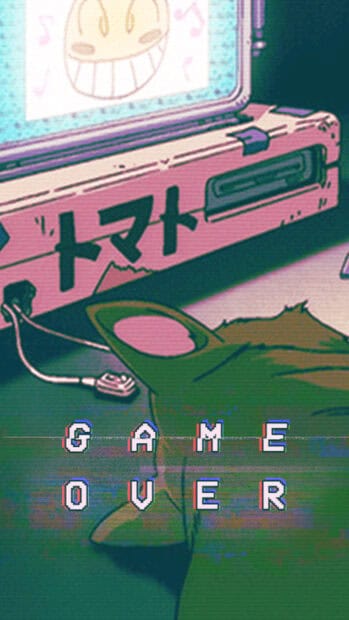 A vintage console displays game over text next to cat ears on a table, HD Phone Wallpaper