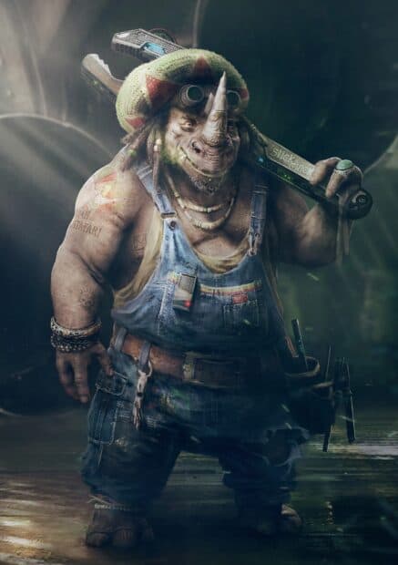 A strong rhino character from Beyond Good And Evil game stands holding a large wrench, 2K Mobile Wallpaper