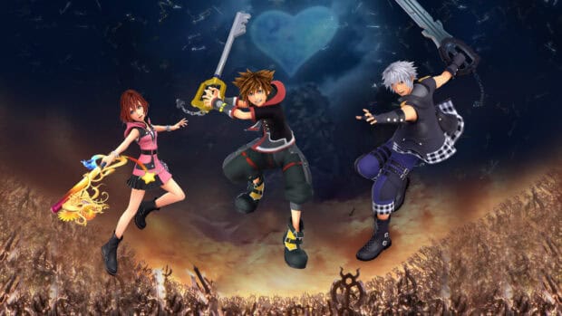 Sora and Riku battle holding their keyblades, HD Desktop Wallpaper