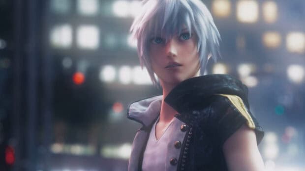 Riku from Kingdom Hearts stands in a glowing cityscape at night, HD Desktop Wallpaper