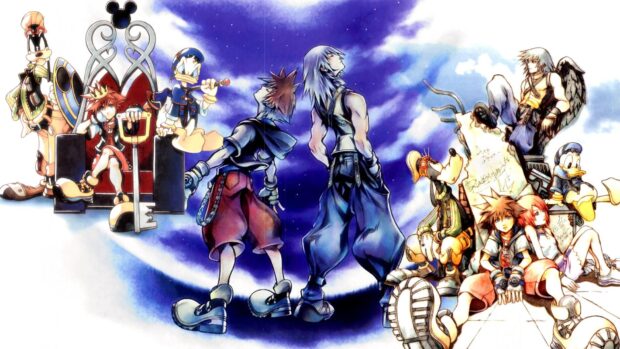 The Riku Kingdom Hearts characters stand together under a bright sky with other key characters, HD Desktop Wallpaper