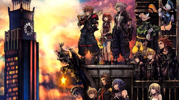 Riku Kingdom Hearts character lineup standing together in front of a sunset sky, 4K Desktop Wallpaper