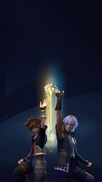 Sora and Riku raising hands with glowing keyblade behind, HD Mobile Wallpaper