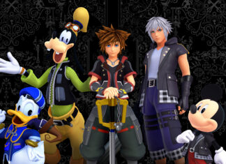 Riku Kingdom Hearts stands confidently with Sora, Goofy, Donald, and Mickey, 4K Desktop Wallpaper