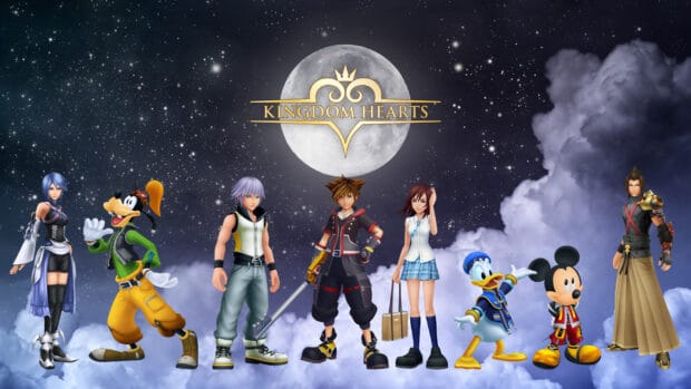 Riku Kingdom Hearts characters stand together under the moon filled with stars, HD Desktop Wallpaper