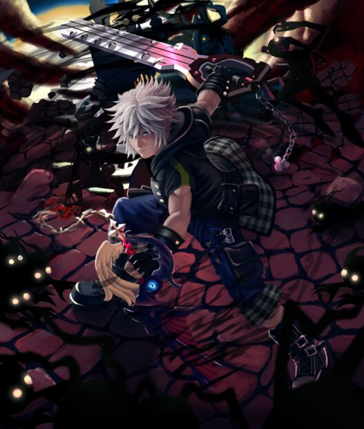 Riku from Kingdom Hearts prepares to strike with the keyblade surrounded by dark shadows, HD Desktop Wallpaper