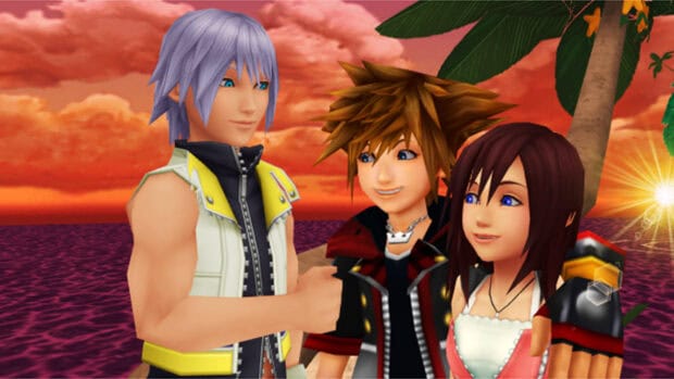 Riku Kingdom Hearts Wallpapers with friends smiling under a red sky by the ocean, HD Desktop Wallpaper