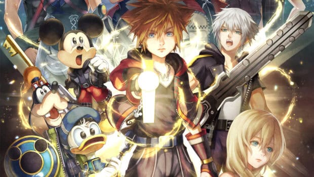 Riku is featured with other characters from Kingdom Hearts in a bright scene, HD Desktop Wallpaper