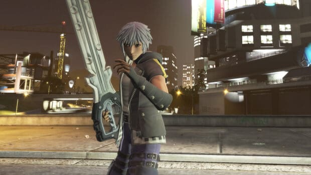 A character named Riku stands with his iconic sword in a nighttime urban setting from Kingdom Hearts, HD Desktop Wallpaper