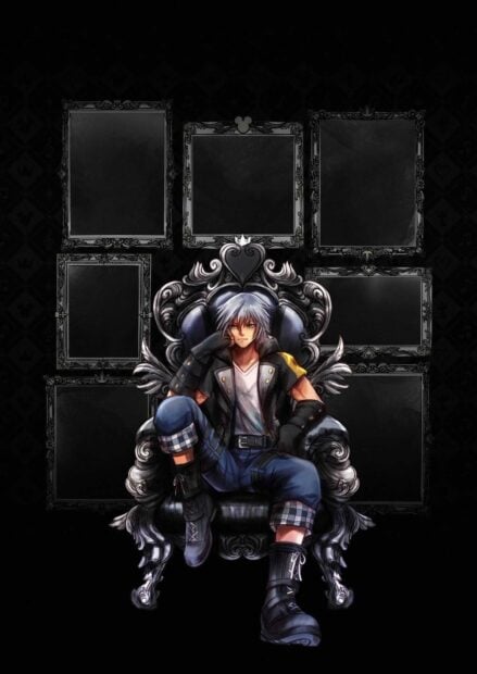 A confident Riku from Kingdom Hearts is seated on an ornate throne, HD Mobile Wallpaper