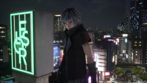 Riku Kingdom Hearts appears in a neon lit cityscape at night with a serious expression, 4K Desktop Wallpaper