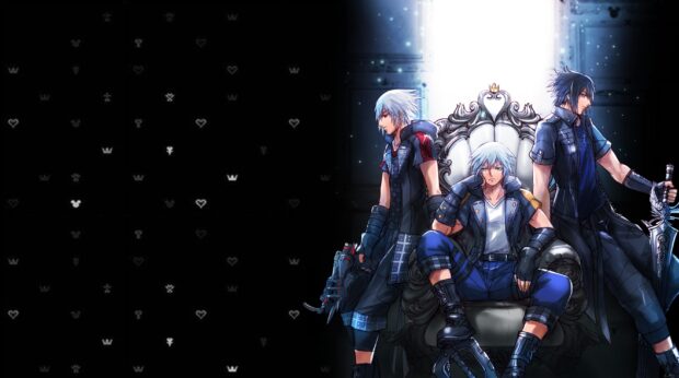 The artwork shows Riku and his different forms standing and sitting with a dark background, 2K Desktop Wallpaper
