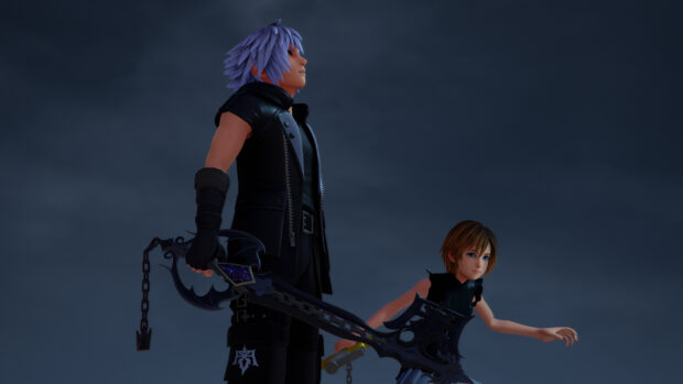 Riku from Kingdom Hearts stands ready holding a keyblade against a dark sky, HD Desktop Wallpaper