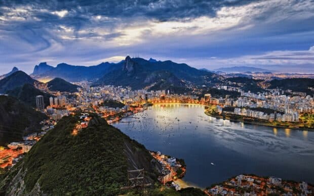 A panoramic view of Rio De Janerio Wallpapers showing city lights and mountains at dusk, HD Desktop Wallpaper