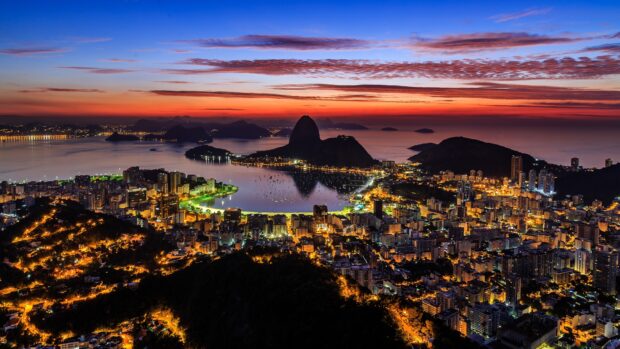 The Rio De Janerio Wallpapers city lights and Sugarloaf Mountain are visible at dusk, 4K Desktop Wallpaper