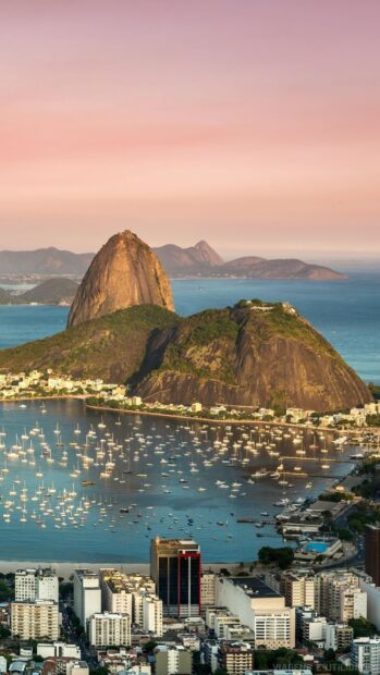The Rio De Janerio Wallpapers feature a stunning sunset over the iconic Sugarloaf Mountain and marina, HD Mobile Wallpaper