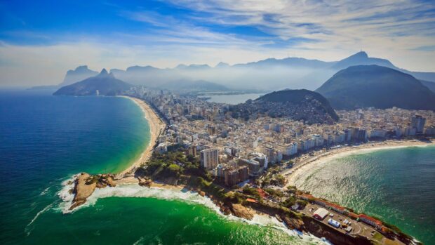 Aerial view of Rio de Janeiro with beaches and mountains in the background, 4K Desktop Wallpaper