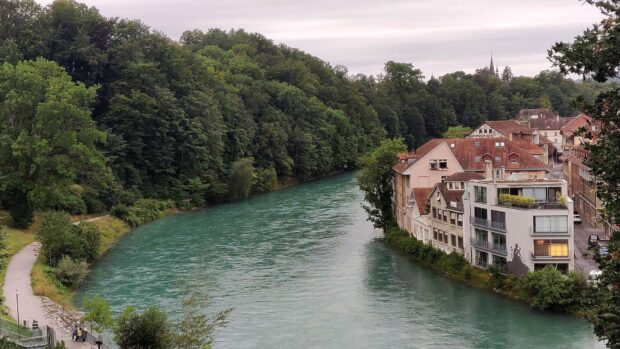 The River Aare in Switzerland flows gently past lush trees and traditional buildings on the riverbank, HD Desktop Wallpaper
