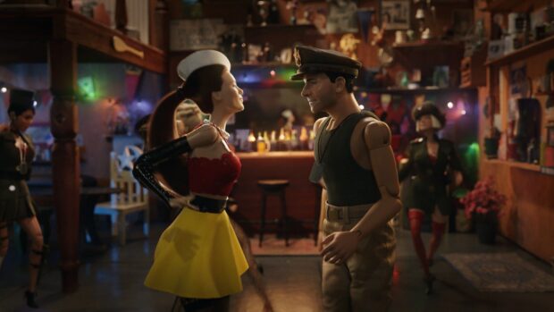 Two Robert Zemeckis figures are dancing in a lively bar setting with colorful lights, 2K Desktop Wallpaper