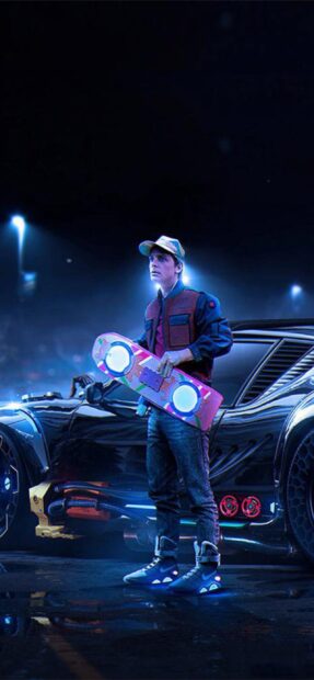 A character from Robert Zemeckis holds a futuristic hoverboard next to a high tech car at night, 2K Mobile Wallpaper
