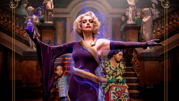 A powerful woman surrounded by mystical energy and other characters stands in a grand staircase, HD Desktop Wallpaper