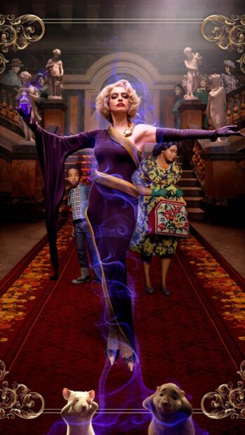 A woman in a purple dress with a glowing potion appears in a grand hall with others, 2K Phone Wallpaper