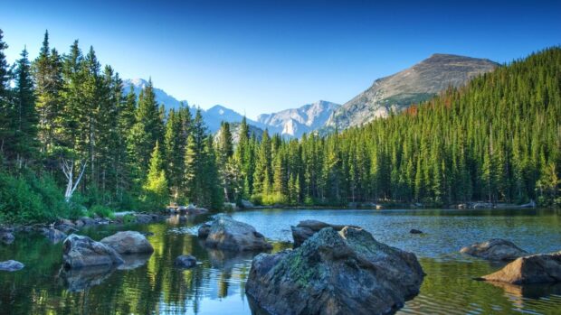 A serene lake surrounded by pine trees and mountains in Rocky Mountain National Park, 2K Desktop Wallpaper