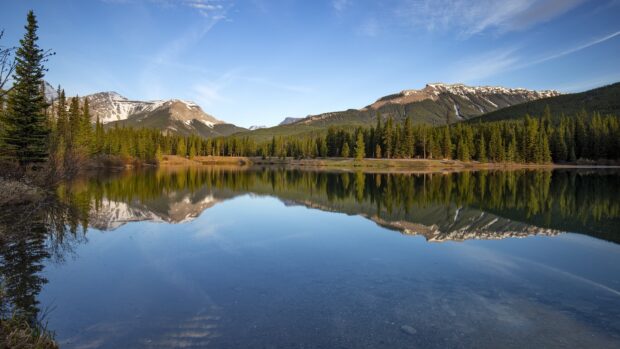 A clear lake reflects snow capped peaks and dense pine forest in Rocky Mountain National Park, 4K Desktop Wallpaper