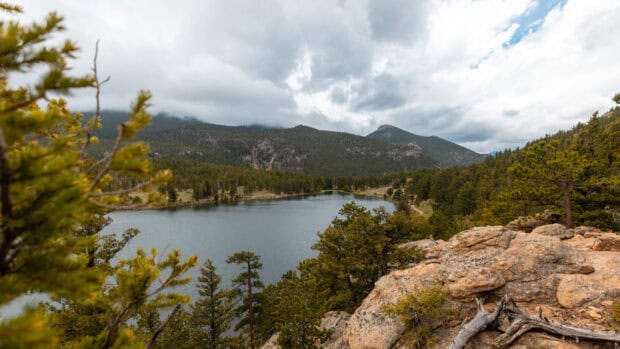 A scenic view of Rocky Mountain National Park featuring trees, a lake, and cloudy sky, 2K Desktop Wallpaper