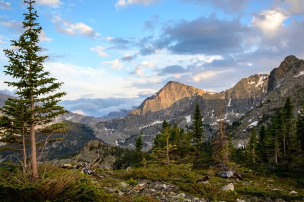 A scenic view of Rocky Mountain National Park with pine trees and mountains under a partly cloudy sky, HD Desktop Wallpaper