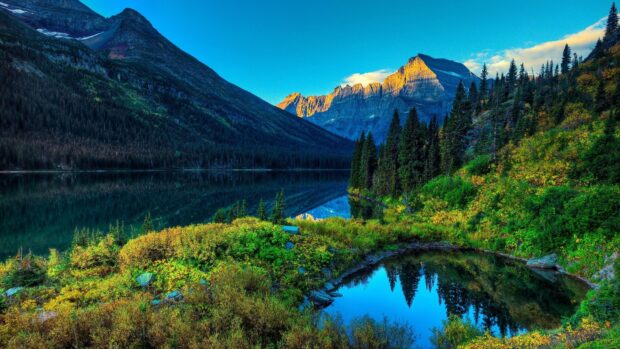 The Rocky Mountain National Park features a clear lake reflecting trees and mountain peaks under a blue sky, 4K Desktop Wallpaper