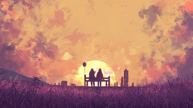 A love couple watches the sunset together on a bench in a vibrant field, 4K Desktop Wallpaper