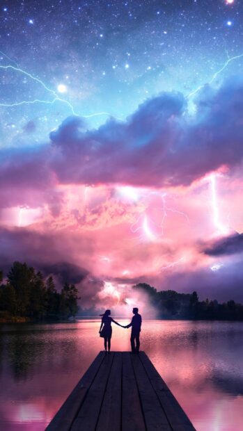 A romantic couple is holding hands standing on a dock under a vibrant sky with stars and lightning, 4K Phone Wallpaper