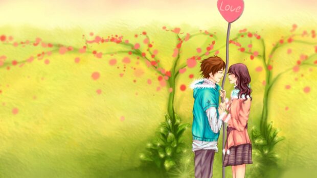 A loving couple stands close holding a red balloon with love in a green field, 2K Desktop Wallpaper